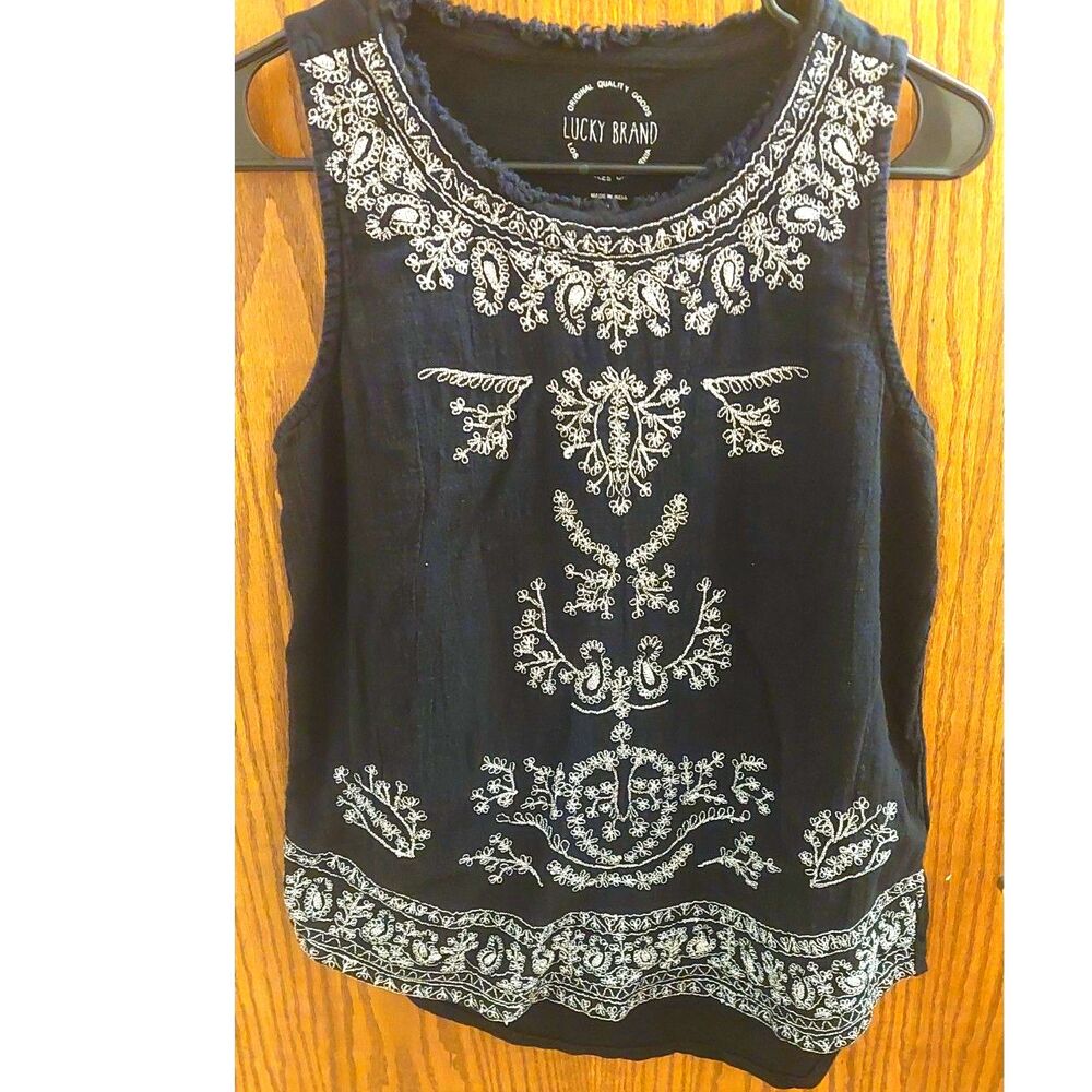 Lucky Brand Black Embroidered Sleeveless Top Women's Medium 100% Cotton Boho
